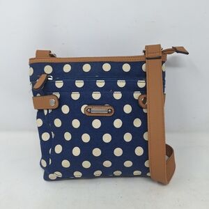 Rosetti Blue White Polka Dot Canvas  Brown Faux Leather Crossbody Bag Coastal